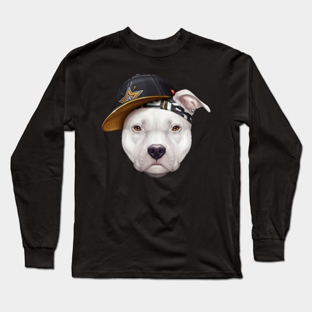 White Pit Bull Terrier Hip-Hop Super Star Long Sleeve T-Shirt by stonemask